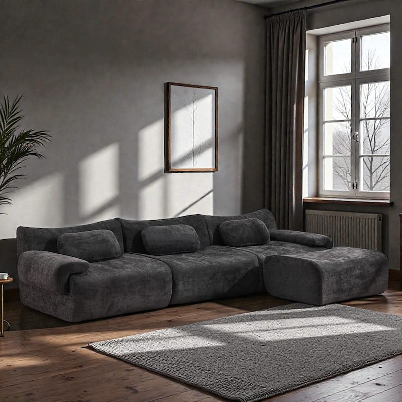 Modular Chenille Sofa Set with Armchair, Extra Large Deep Seat 3 Seater Compression Couch with Pillows - Black