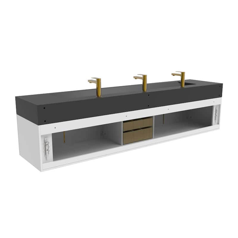 Nile 84-Inch Wall Mounted Bathroom Vanity Set w/ Black Top