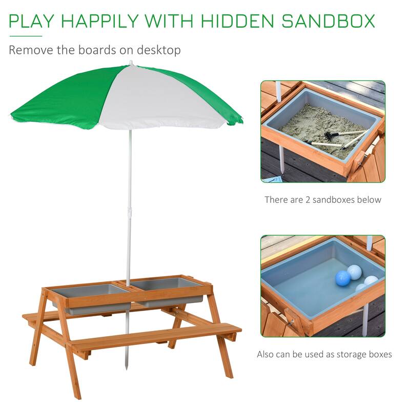 Kids Picnic Table with Umbrella and Storage Inside, Sand and Water Table, Kids Outdoor Furniture, Wooden Bench Backyard