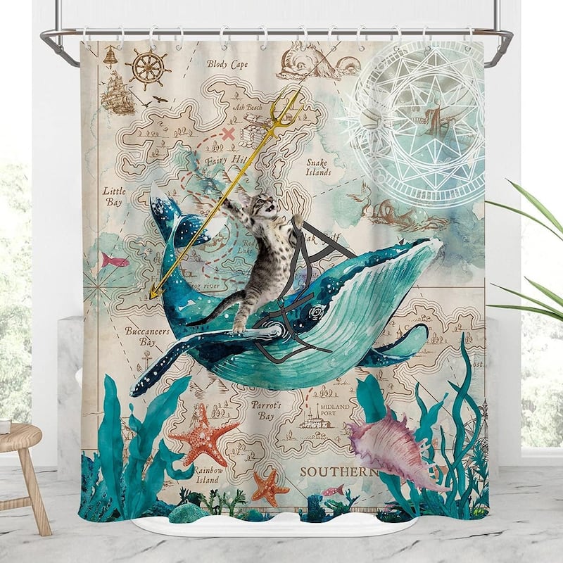 Funny Cat Shower Curtain Riding Whale Fun Sea Cute Beach (W60''xH72'')