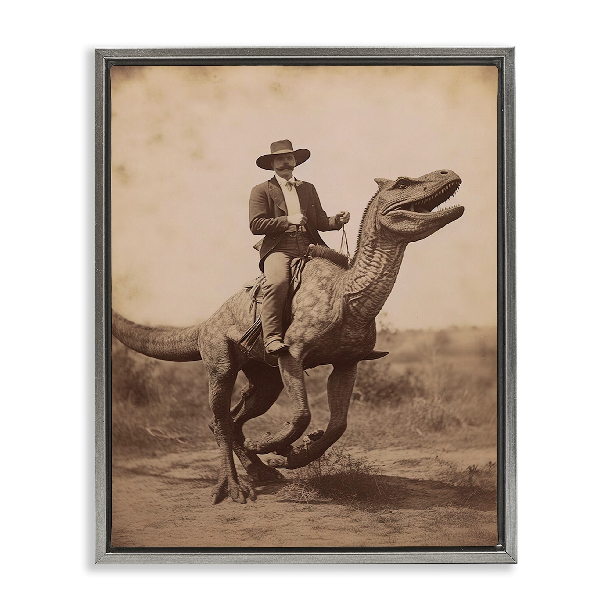 Stupell Wild West Man Riding Dinosaur Framed Floater Canvas Wall Art Design By Lettered and Lined