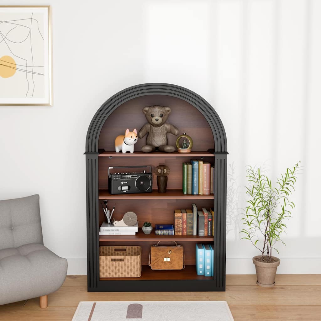 Modern MDF 4-Shelf Arched Bookcase with Open Display Storage and Anti-Tip Kit, Black by GDFStudio