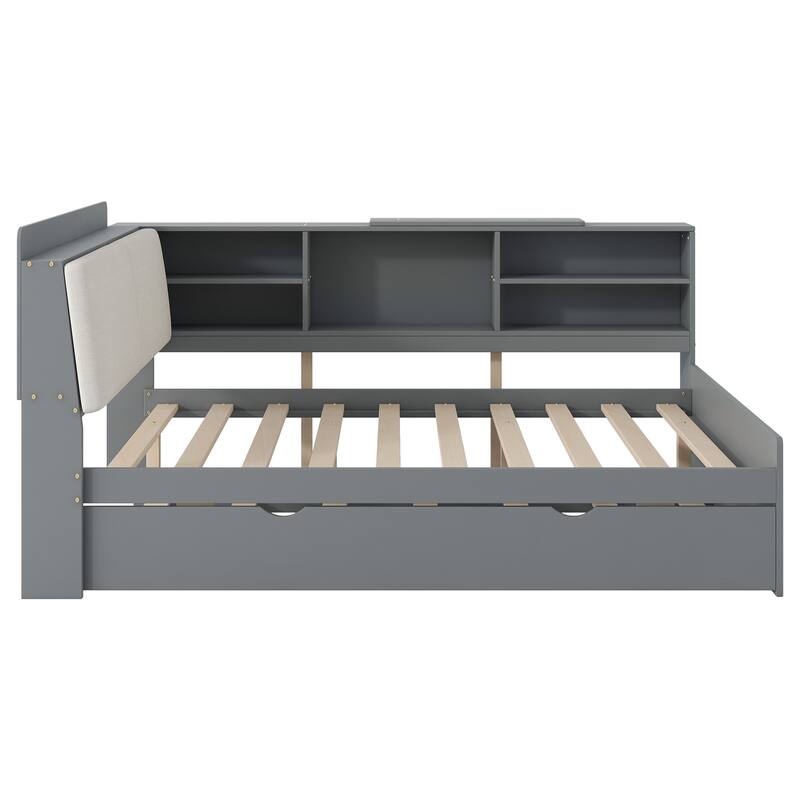 L Shape Daybed Bed with Optional Trundle or Drawers Wood Bookcase Bed with Rotatable Storage Board Upholstered Storage Headboard