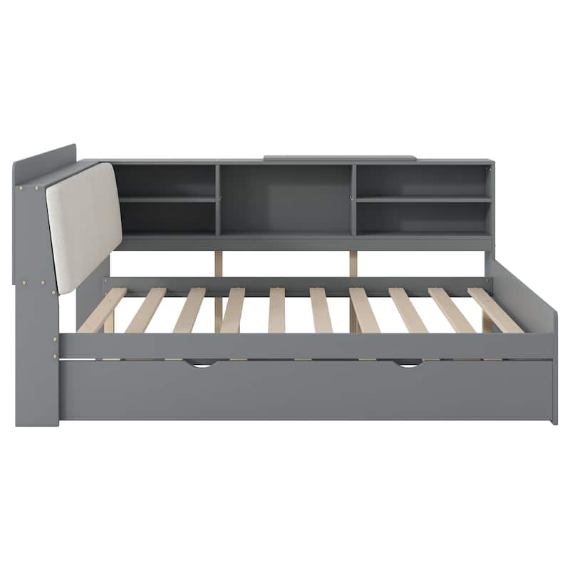 Roomfitters Full Wood Platform Bed with Trundle, Storage Headboard and Functional Display Shelves