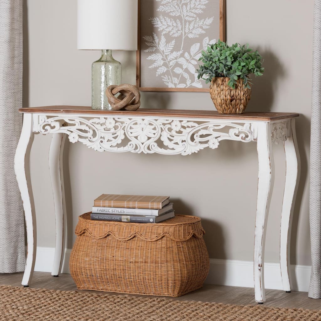 Riquin Distressed Wood Console Table - Carved Wood Accent Table with Floral Motif and Two-Tone Finishing