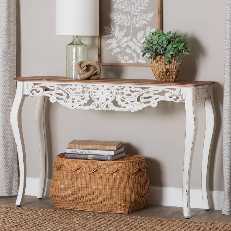 Riquin Distressed Wood Console Table - Carved Wood Accent Table with Floral Motif and Two-Tone Finishing