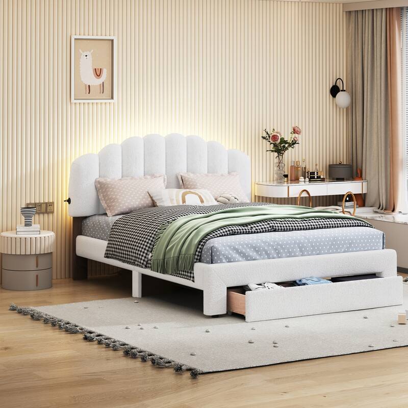 Teddy Fleece Queen Size Upholstered Platform Bed with Drawer - White - Queen
