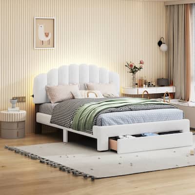 White Queen Teddy Fleece Platform Bed with Drawer, USB Ports, and LED Light