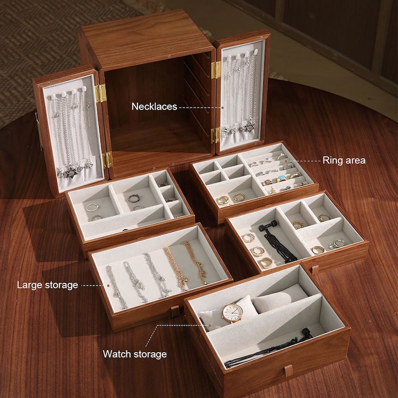 Walnut Color Double Doors with Begonia Handle 5-Layer High Capacity Jewelry Box - 9.06