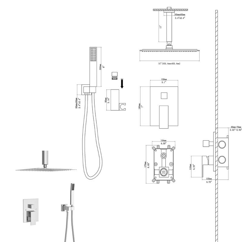 Ceiling Mount Shower System 16 Inch Shower Faucet Set with Handheld Shower Shower Faucet Kits with Pressure Balance Valve