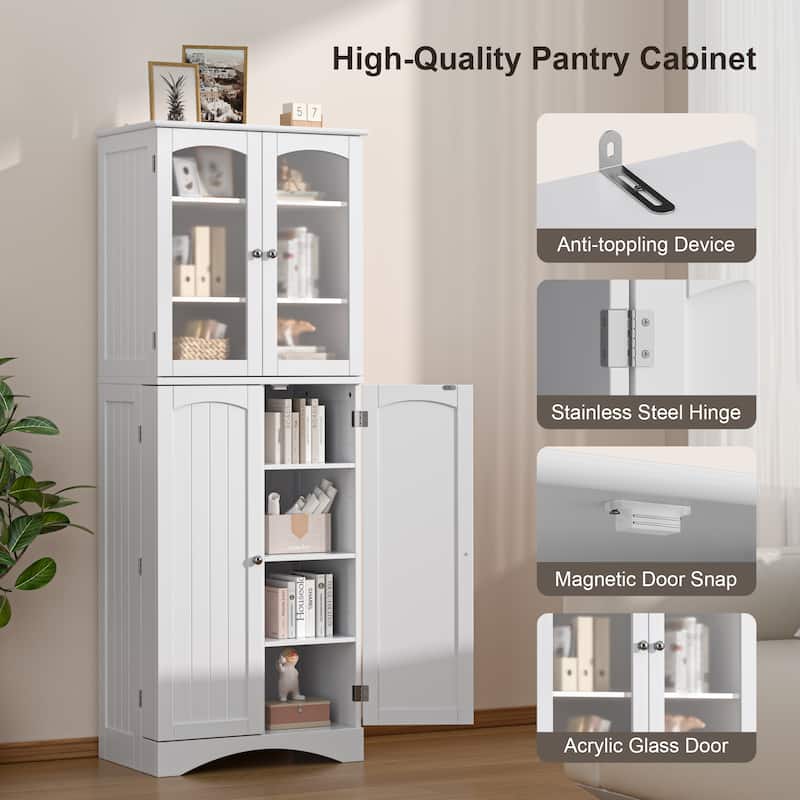 64" Kitchen Pantry Cabinet, Tall Storage Cabinet with Glass Doors and Adjustable Shelves