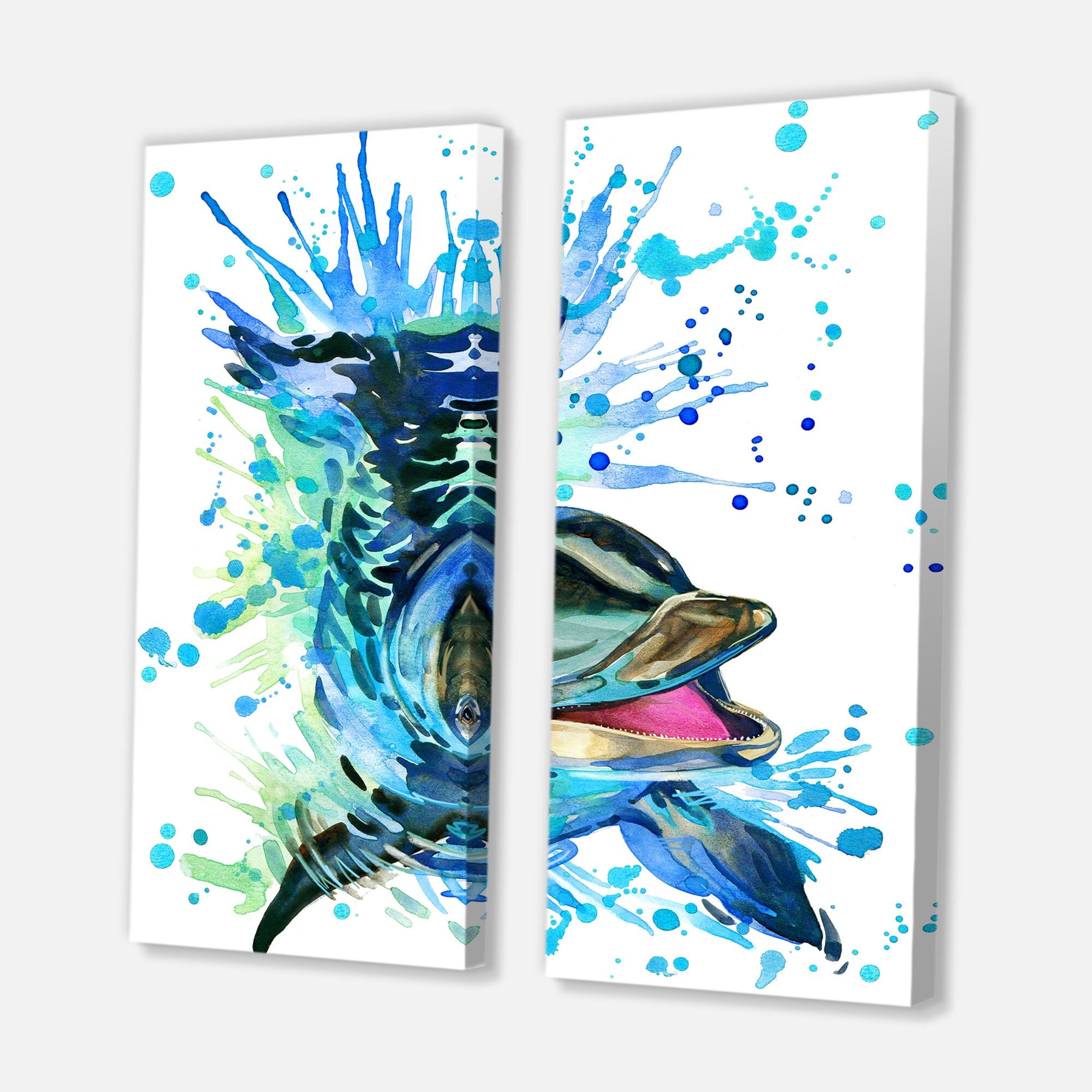 Designart "Large Blue Dolphin Watercolor" Contemporary Animals Canvas