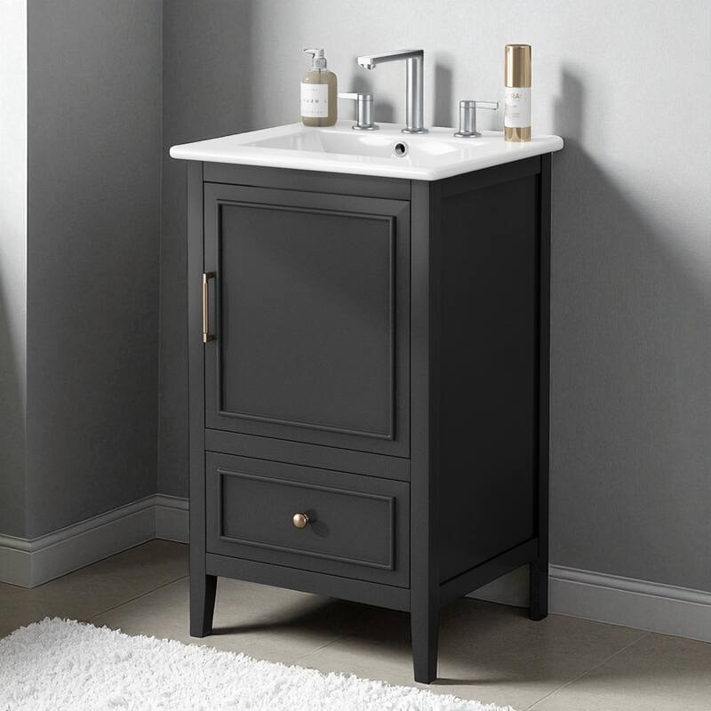 20" Bathroom Vanity with Ceramic Sink, Door Shelf Storage, Drawer, and Adjustable Foot Pads - Black