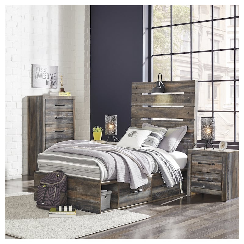 Drystan Rustic Brown Panel Bed with 2 Under Bed Storage Drawers - Twin