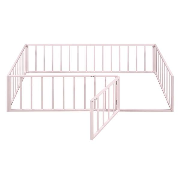 slide 2 of 10, Twin Kids Metal Floor Bed with Door & Rails, No Slats Needed, Pink