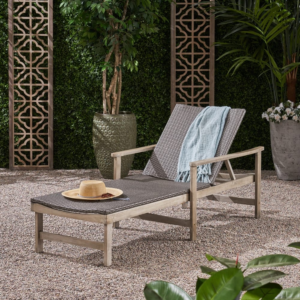 Hampton Outdoor Rustic Acacia Wood Chaise Lounge with Wicker Seating by Christopher Knight Home