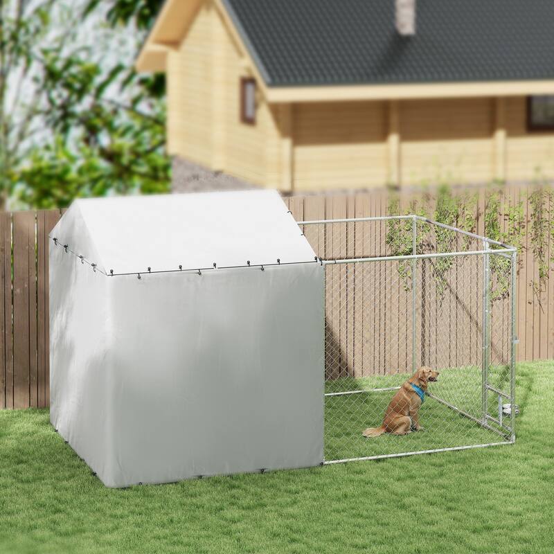 PawHut Large Outdoor Dog Kennel, Heavy Duty Dog Kennel Outside with Waterproof & UV-Resistant Cover, Rotating Bowls Door