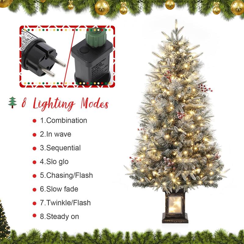 4.5 Ft Artificial Christmas Tree with 200 Warm White LED Lights and Red Berries Potted Base Holiday Xmas Tree