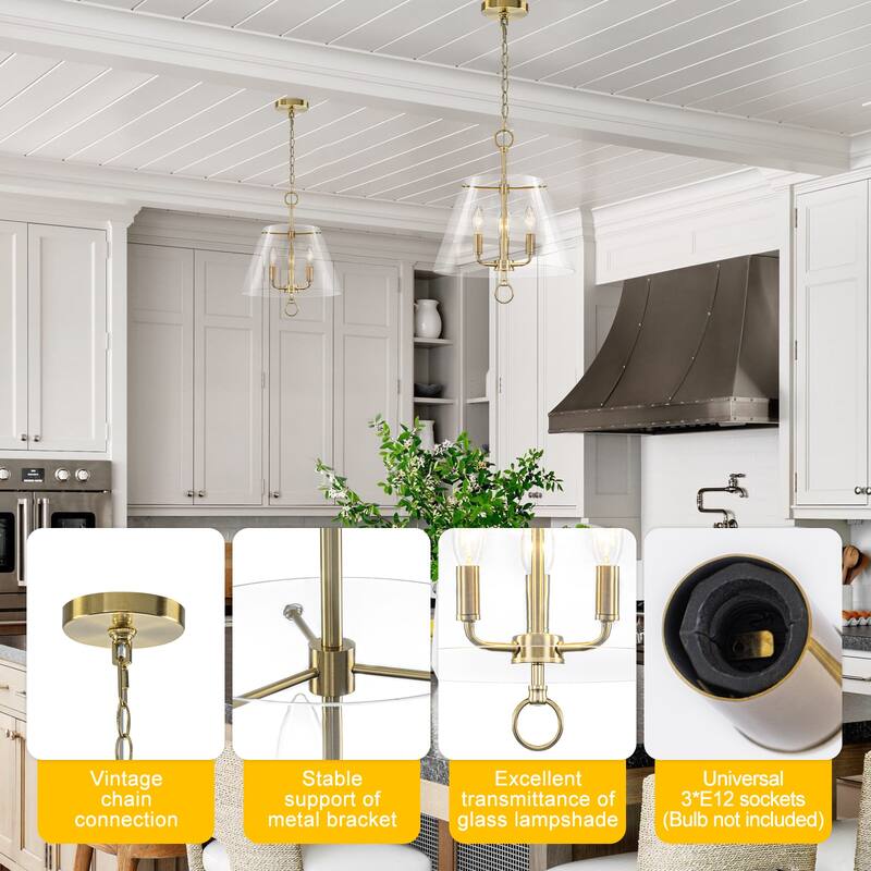 14.21" 3-Light Modern Gold Pendant Chandelier with Clear Glass Shades - Dia.14-in