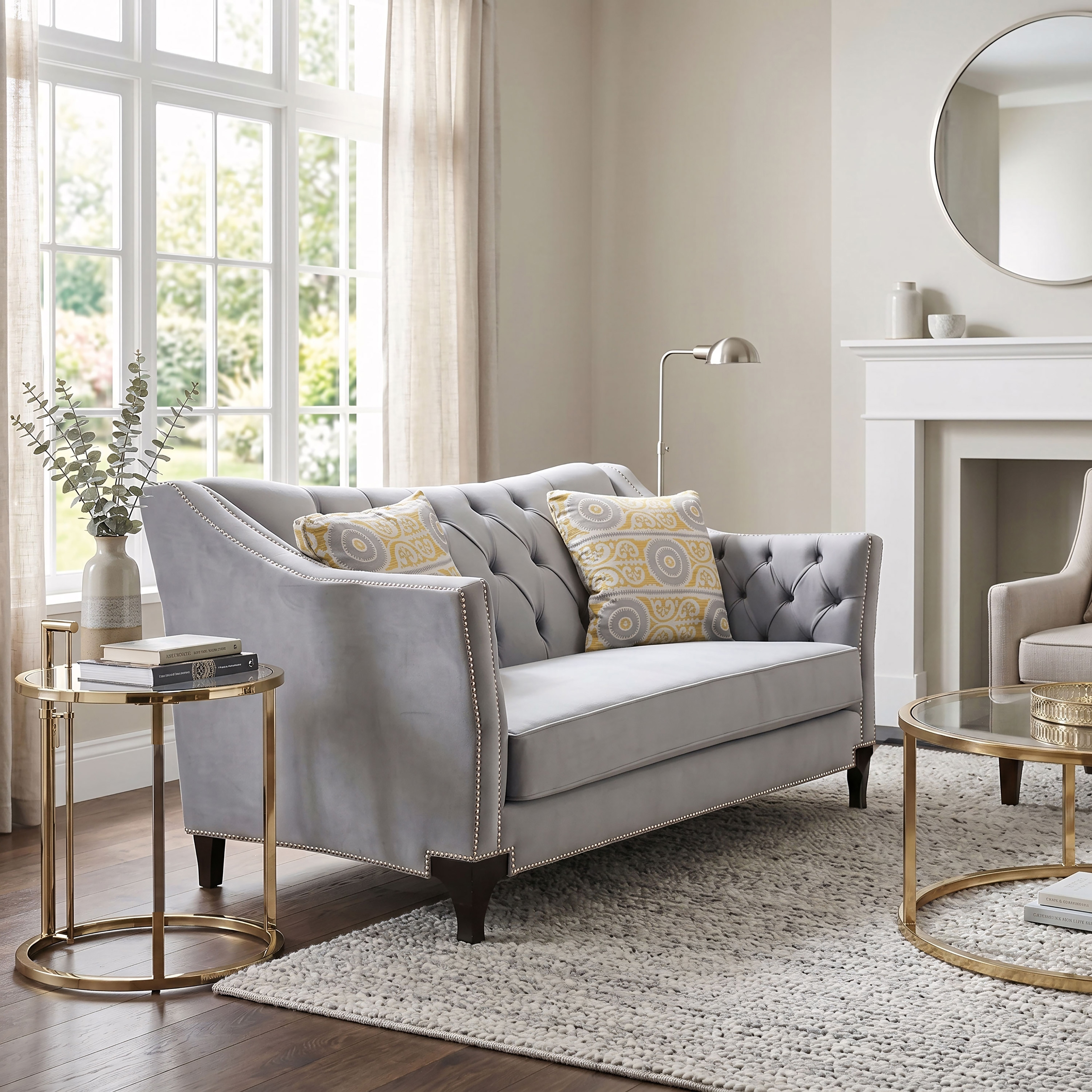 Furniture of America Woren Modern Grey Solid Wood Nailhead Trim Loveseat with Accent Pillows