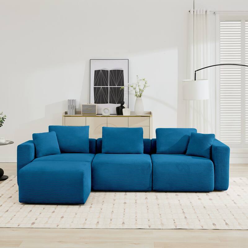 Corduroy Sectional Modular Sofa with Square Arms & Ottoman Extension for Flexible Arrangements