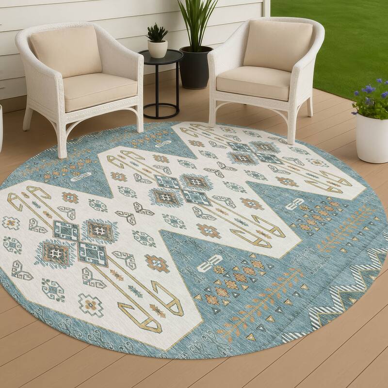 Machine Washable Indoor/ Outdoor Global Hiawatha Chantille Rug - Teal - 8' x 8'