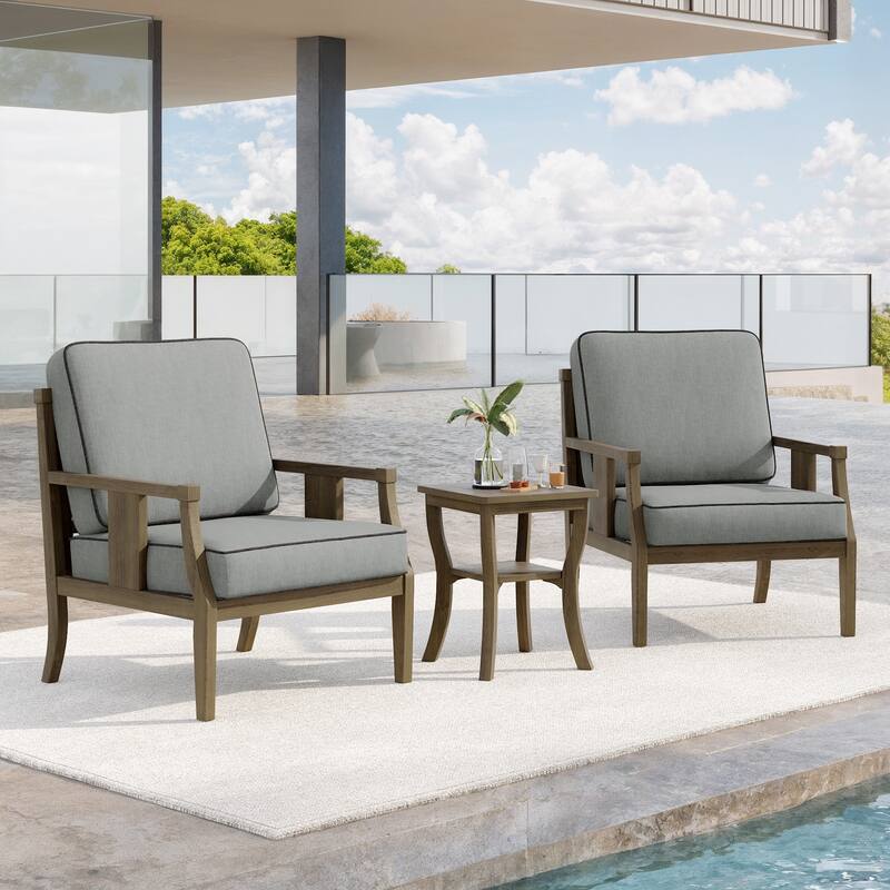 3-Piece Teak Wood Outdoor Armchair Set with Side Table, Cushions, Patio Seating Sets - Natural Wood - Grey