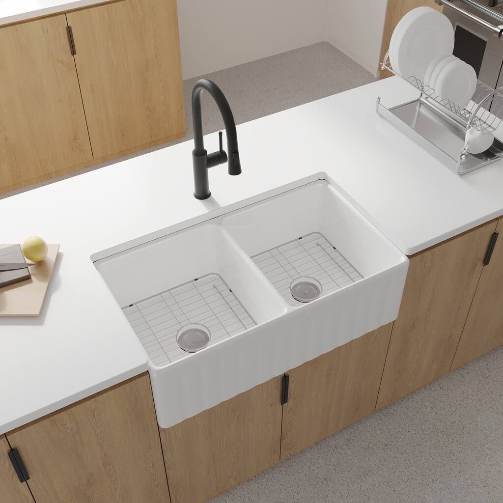 Fireclay Double Basin Farmhouse Kitchen Sink With Grid And Strainer