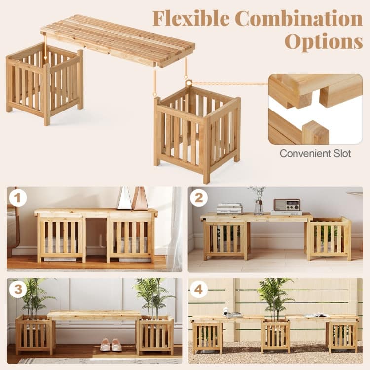Natural Fir Wood Outdoor Bench with Planters 2-in-1 Patio Seating - 68" x 16" x 19"