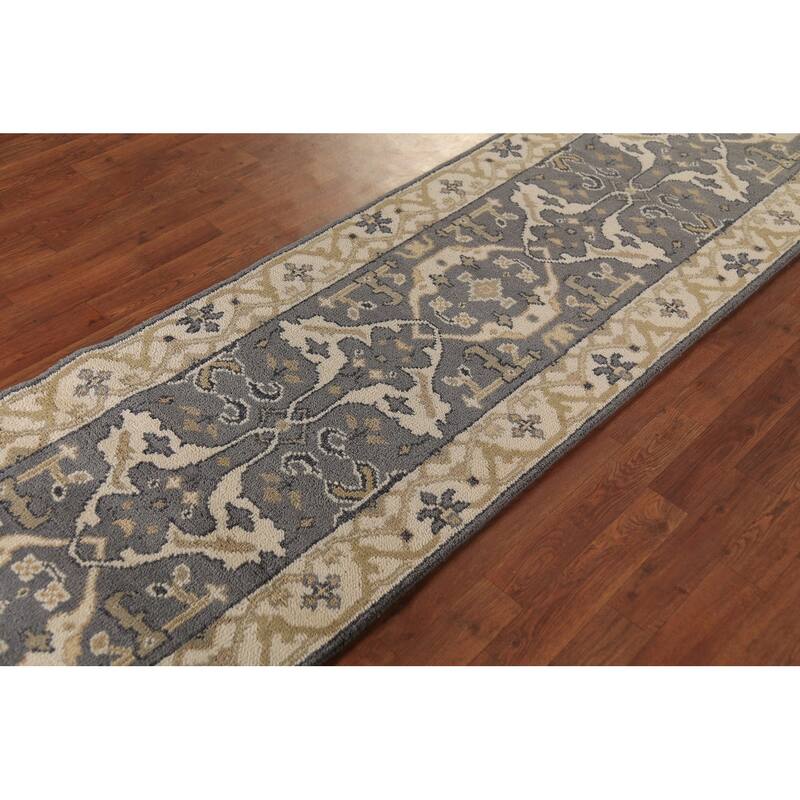 Transitional Gray Oushak Indian Runner Rug Hand-Knotted Wool Carpet - 2'6" x 9'10"