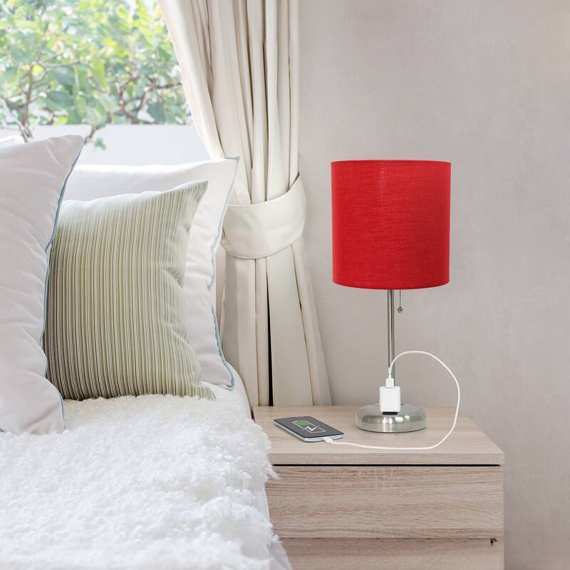 19.5 in. Brushed Steel Finish Table Lamp with Red Shade, Sturdy Table Lamp for Living Rooms and Bedrooms