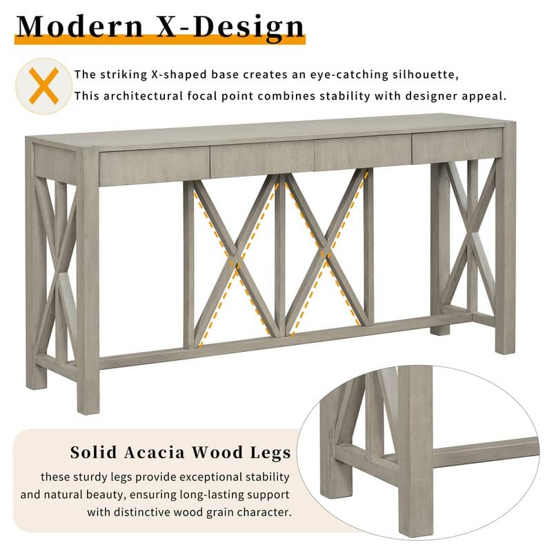 60''Acacia Veneer Console Table with 4 Spacious Drawers, Modern Crisscross Design Entryway Table with Open Bottom Storage