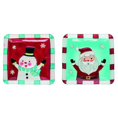 Transpac Glass 9 in. Multicolor Christmas Santa And Snowman Plate Set of 2