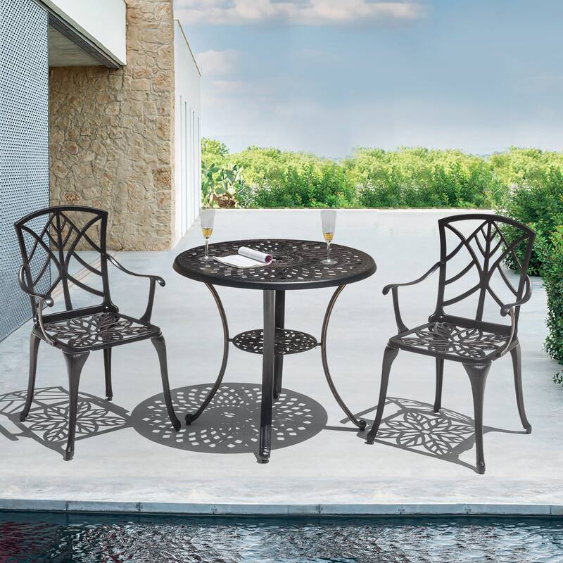 Outdoor 31'' Round Cast Aluminum Patio Bistro Table with Hollow Tabletop and Umbrella Hole, Black - 31'' Round