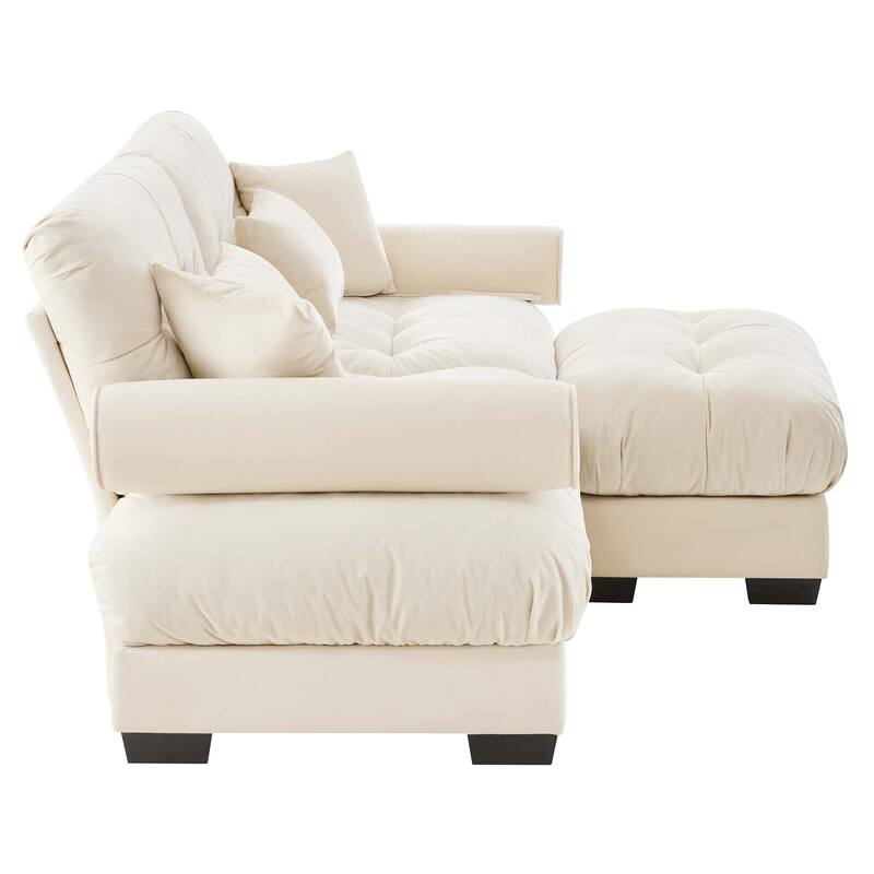 Anmytek Modern 2-Seater Velvet L-Shape Sofa with Ottoman Round Bolster Armrests Waist Pillow Throw Pillows