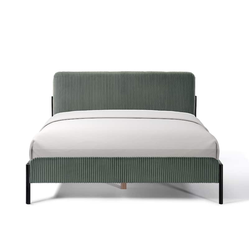 Corduroy Upholstered Bed Frame, Rounded Corners Design Queen Platform Bed, Slat Support
