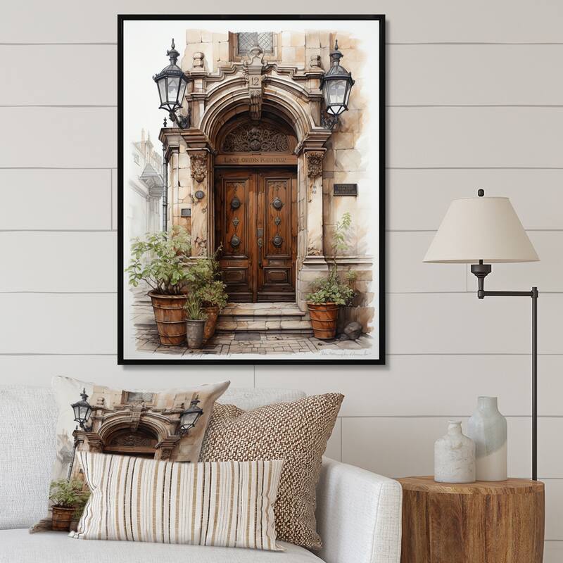 Designart "France Lyon Old Town Door II" France Framed Wall Art Prints - Black - 12 in. wide x 20 in. high