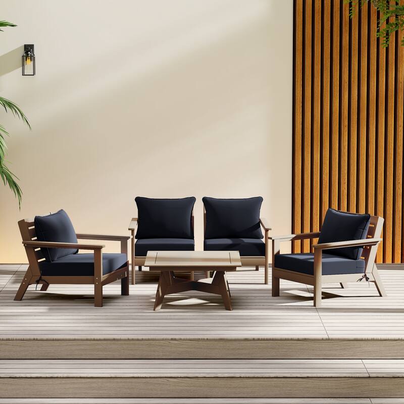 Birchwood All Weather HDPE Outdoor Patio Weathered Wood Deep Seating Conversation Set (5-Piece Set)