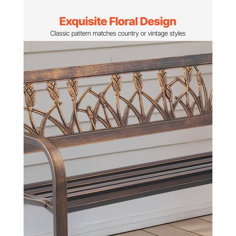 50 Inch Antique Bronze Outdoor Patio Bench with Steel Frame and Floral PVC Backrest for 2-3 People - 50” x 20.5” x 30.3”
