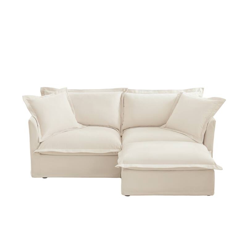 Modern 2 Seater Upholstered Sofa with 1 Ottoman and 2 Pillows
