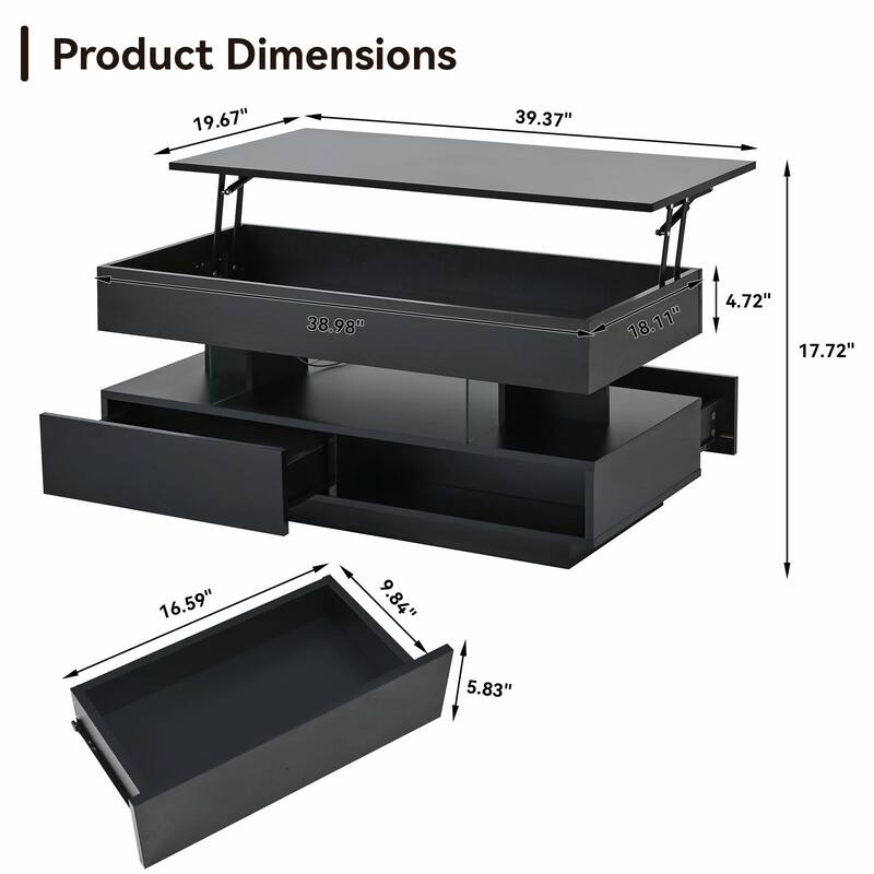39.3" Lift Top Coffee Table with Hidden Compartment, 2 Storage Drawers and Adjustable LED Lights