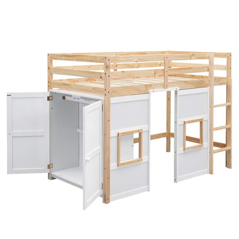 Wood Twin Size Loft Bed with Built-in Storage Wardrobe and 2 Windows w/Full-Length Guardrails, No Boxing Spring Needed