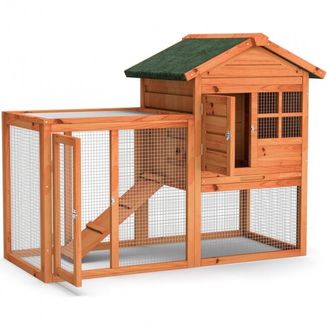 2-Story Wooden Rabbit Hutch with Running Area - 48.5" x 25" x 37" (L x W x H)