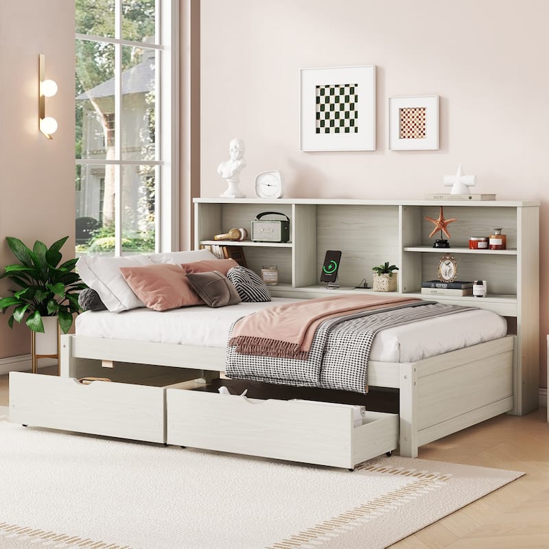 Bed Frame With Side Bookshelves,Two Drawers And Built-in USB Port
