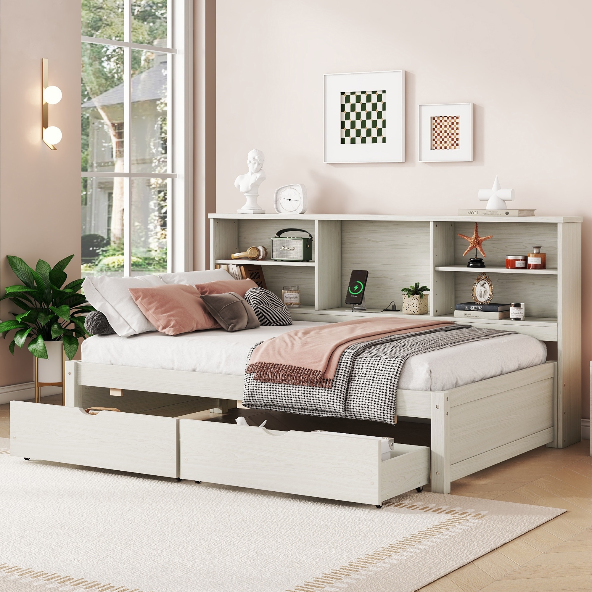 Twin Bed Frame with Bookshelves & 2 Drawers