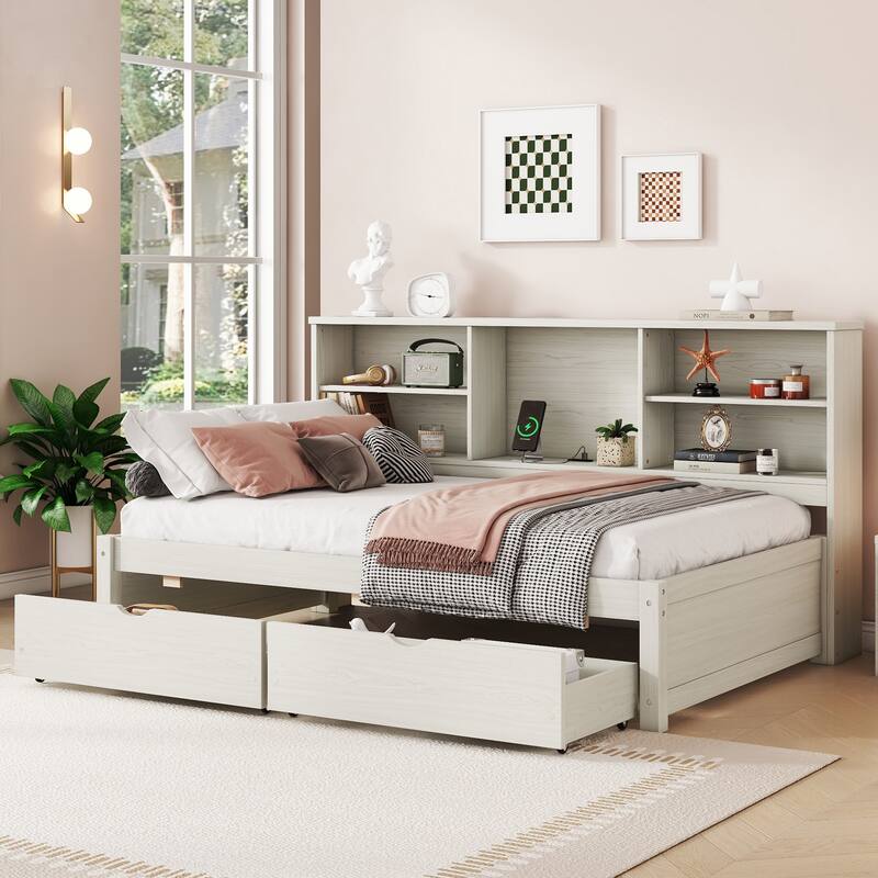 Twin Size Bed Frame with Side Bookshelves, Drawers, and USB Port in Creamy White