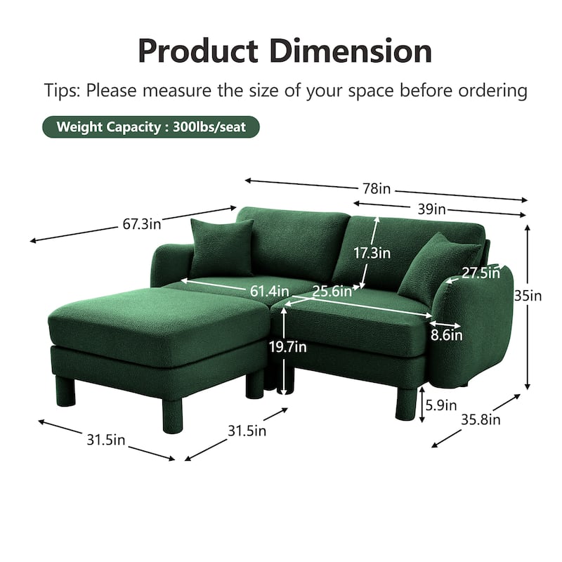 GDFStudio - Boucle 2-Seater 78" Sectional Loveseat Sofa with Removable Ottoman