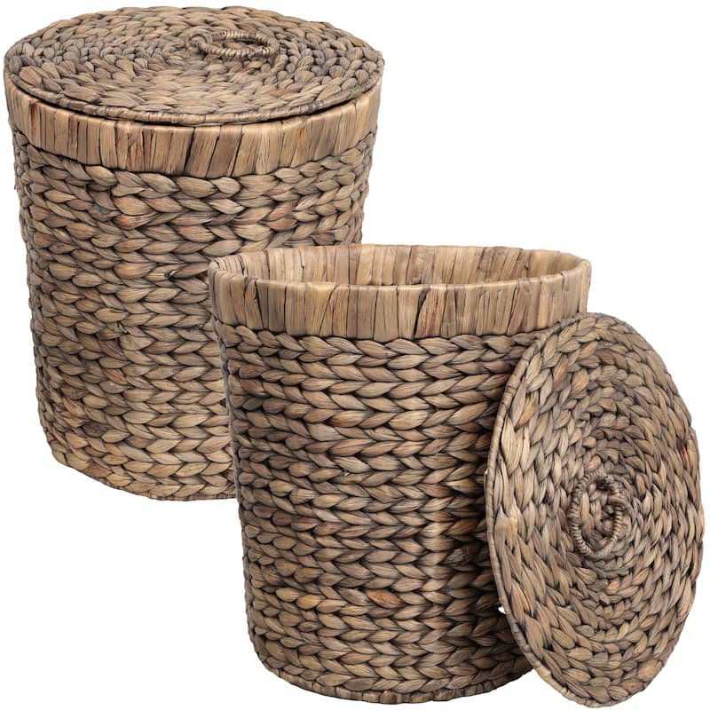 Nora Handwoven Water Hyacinth 5.7-Gallon Tapered Round Wicker Watebasket with Lid (Set of 2) - Brown