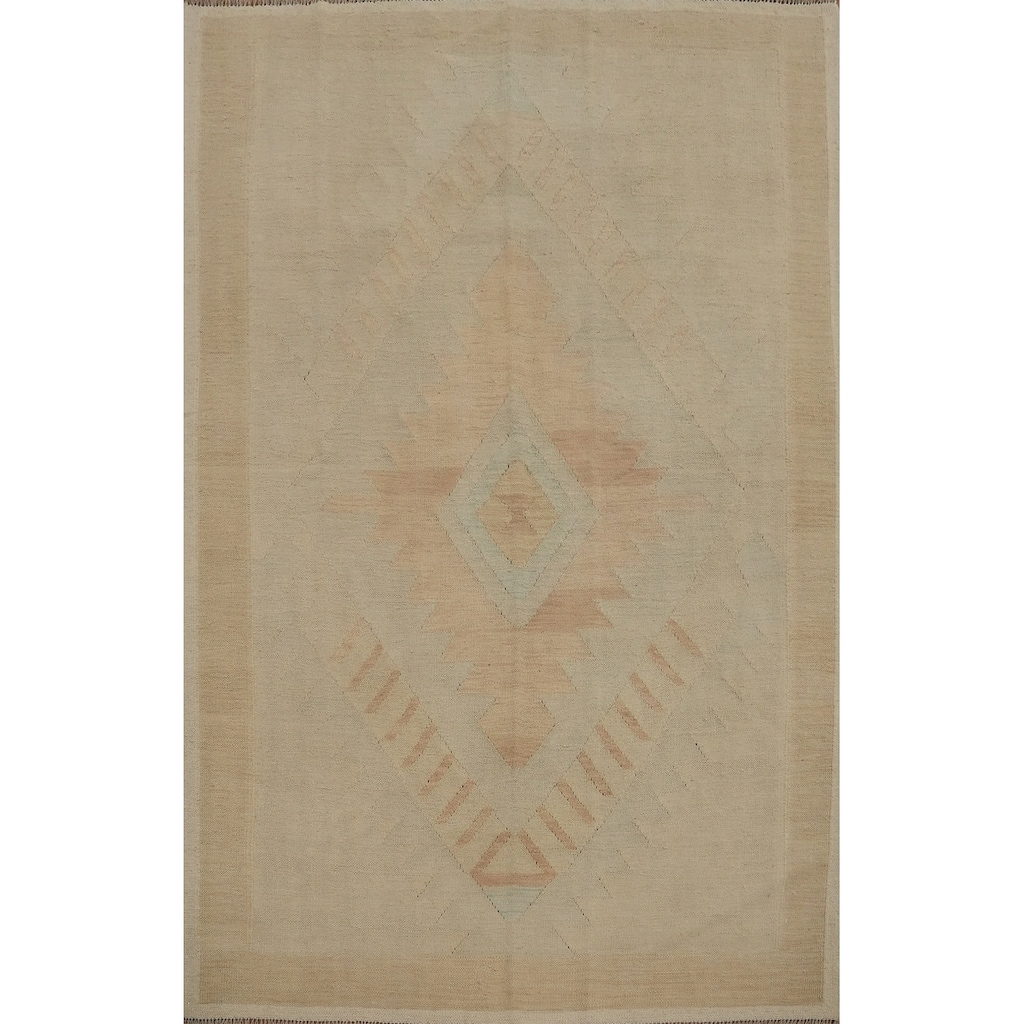 Hand Woven Oriental 100% Wool Carpet Southwestern Medallion Beige & Ivories Kilim Area Rug - 6' 7'' X 4' 11''