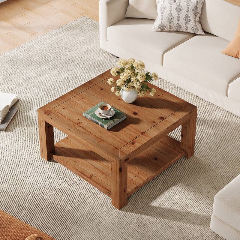 Square Coffee Table with Storage, 31.5-inch Solid Wood Center Table